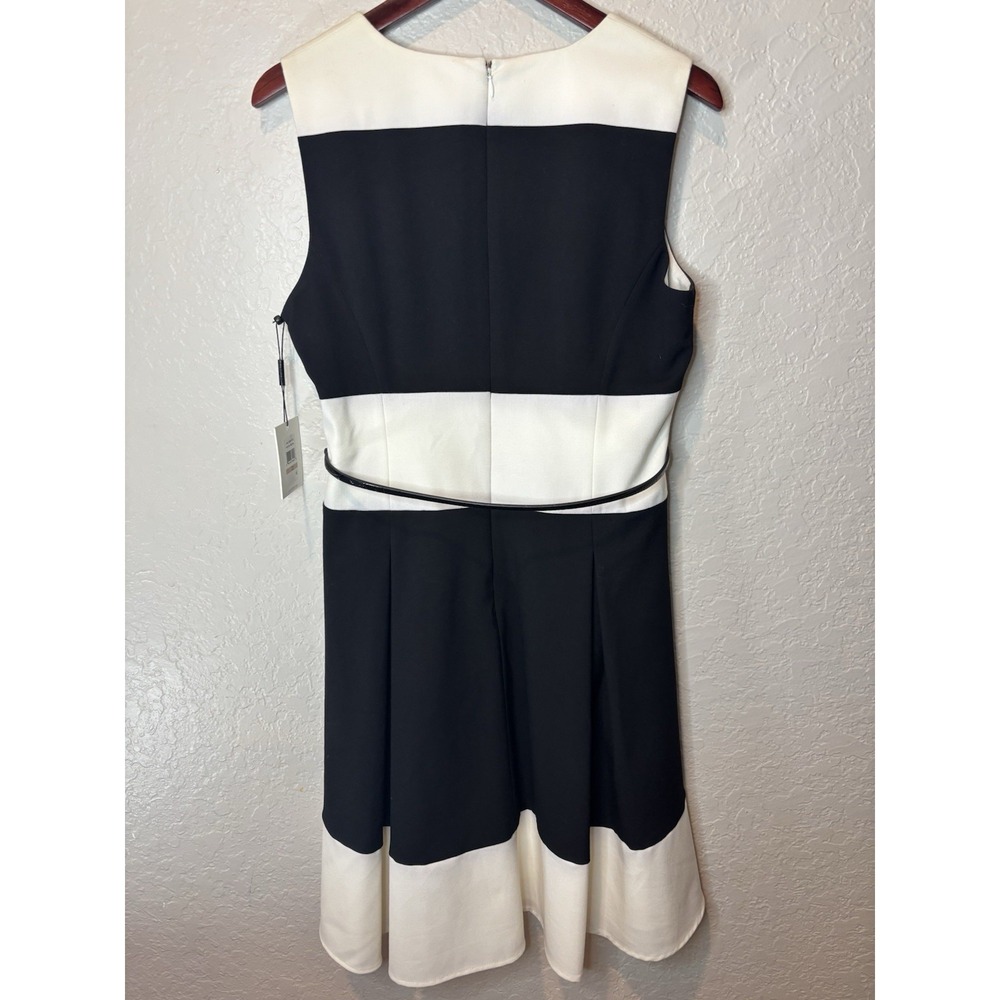 New Calvin Klein A line Fit & Flare Pleated Dress Color Block Black White, 12 - Picture 6 of 8